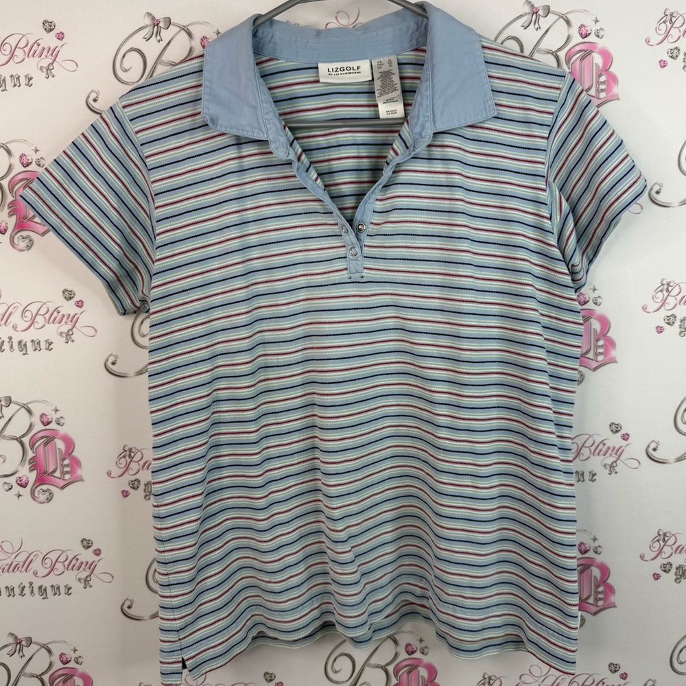 Liz Claiborne golf T-shirt polo stripes Striped Button Down Shirt Blue red